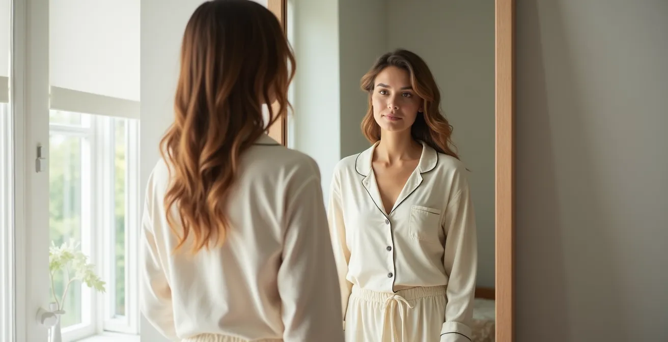 Femme observant sa silhouette dans un grand miroir lumineux