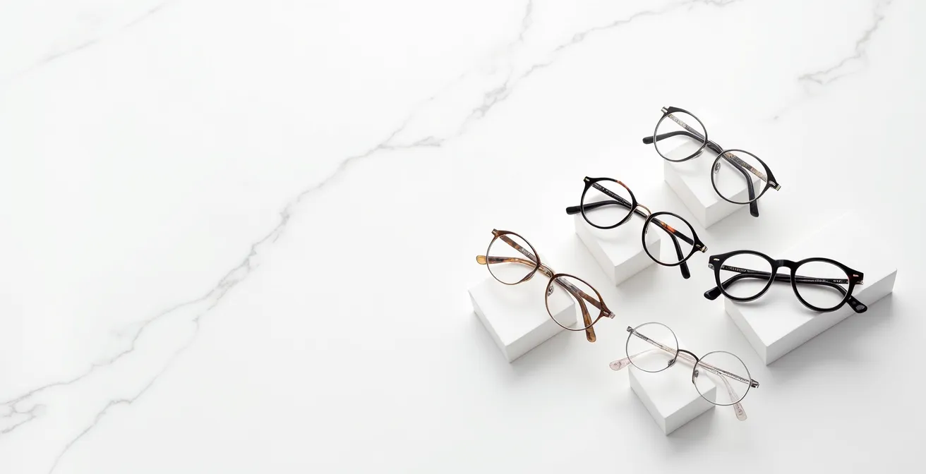 Collection de montures de luxe disposées sur une surface en marbre