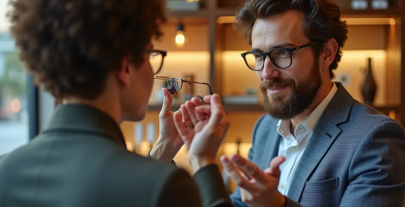 Échange entre un opticien et sa cliente dans une boutique lumineuse