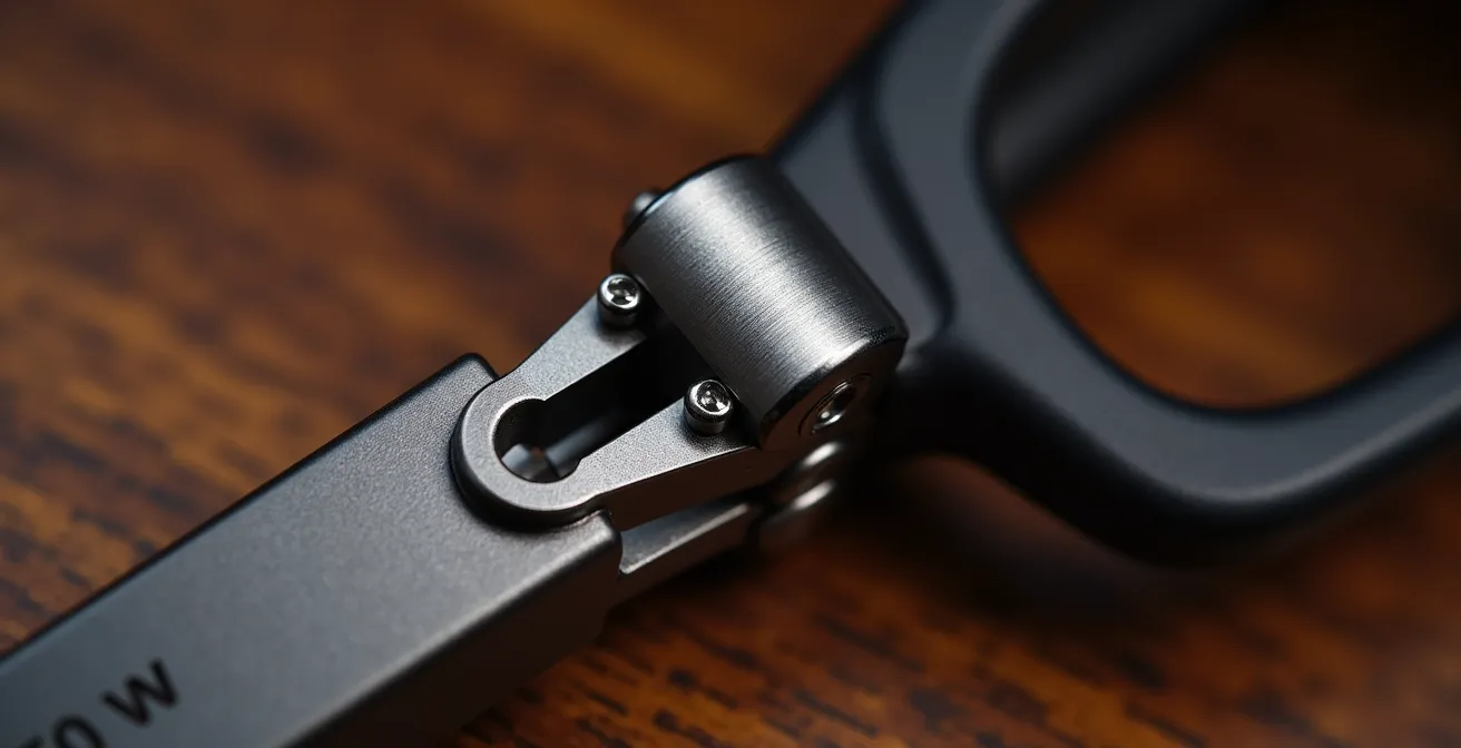 Détail macro d'une charnière de lunettes de luxe en titane